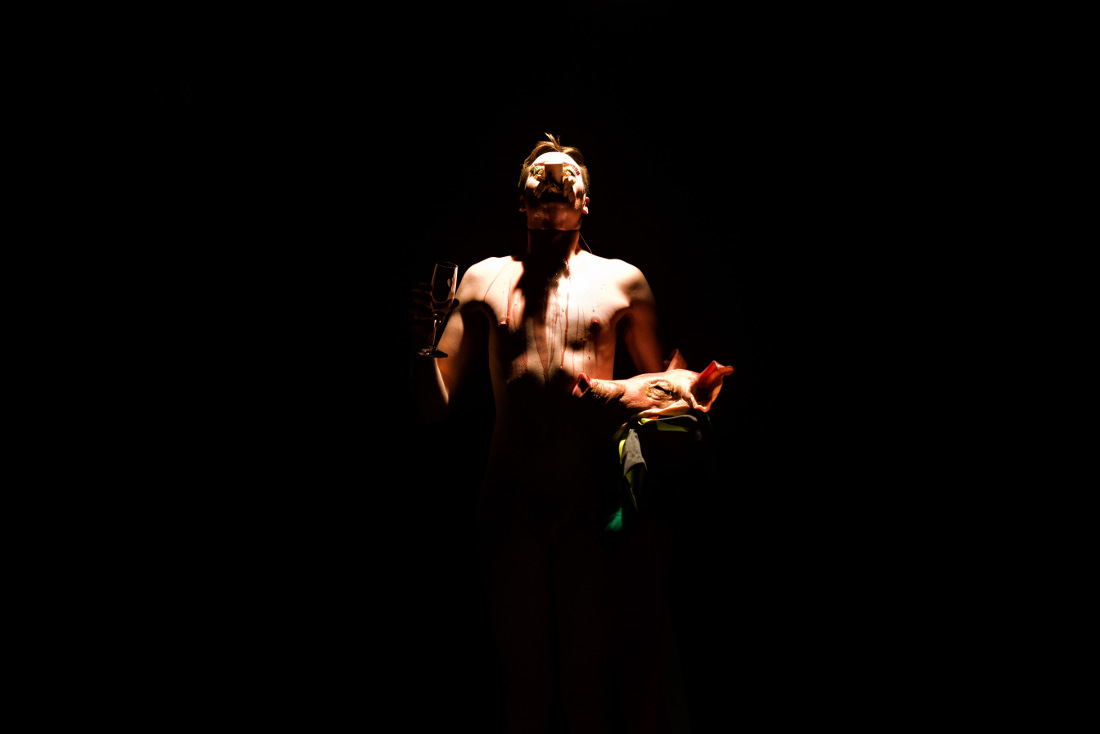 gavin krastin holding a pig's head and a glass of wine, looking up to a blinding light during performance of 'pig headed' south africa